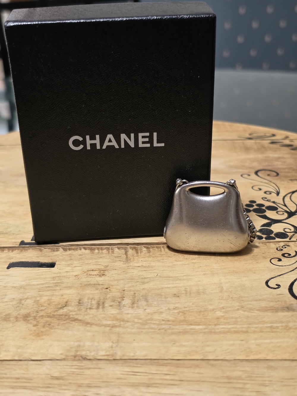CHANEL Silver-Tone Charm Mini Purse Charm/Keychain